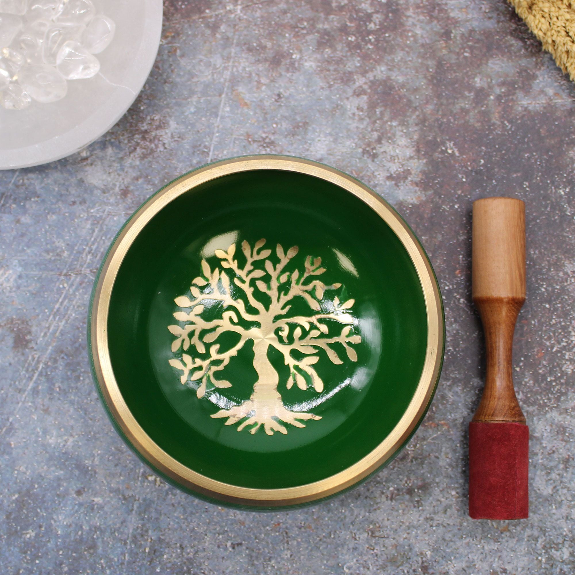 Large Tree of Life Singing Bowl Set- Green 14x6.5cm