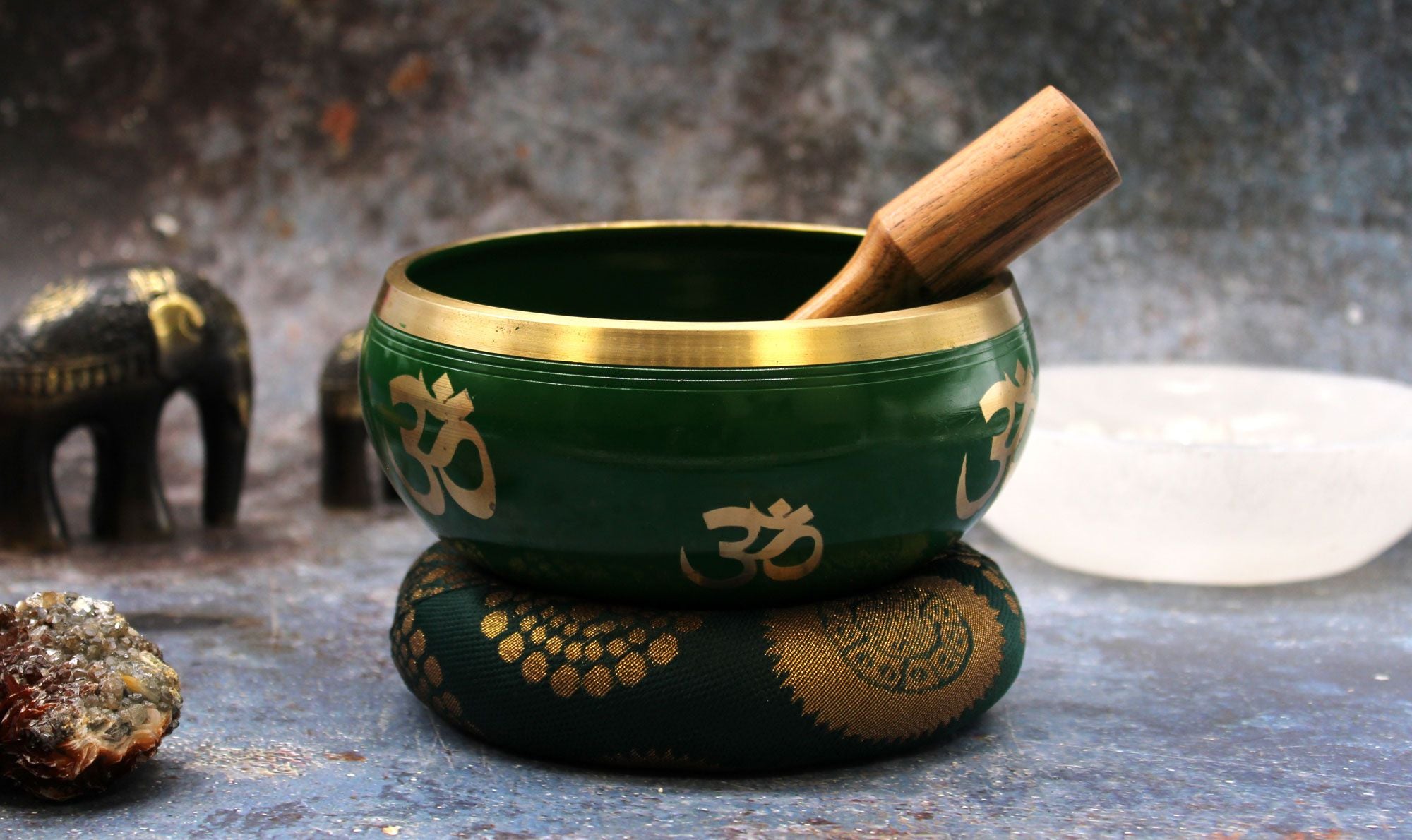 Large Tree of Life Singing Bowl Set- Green 14x6.5cm
