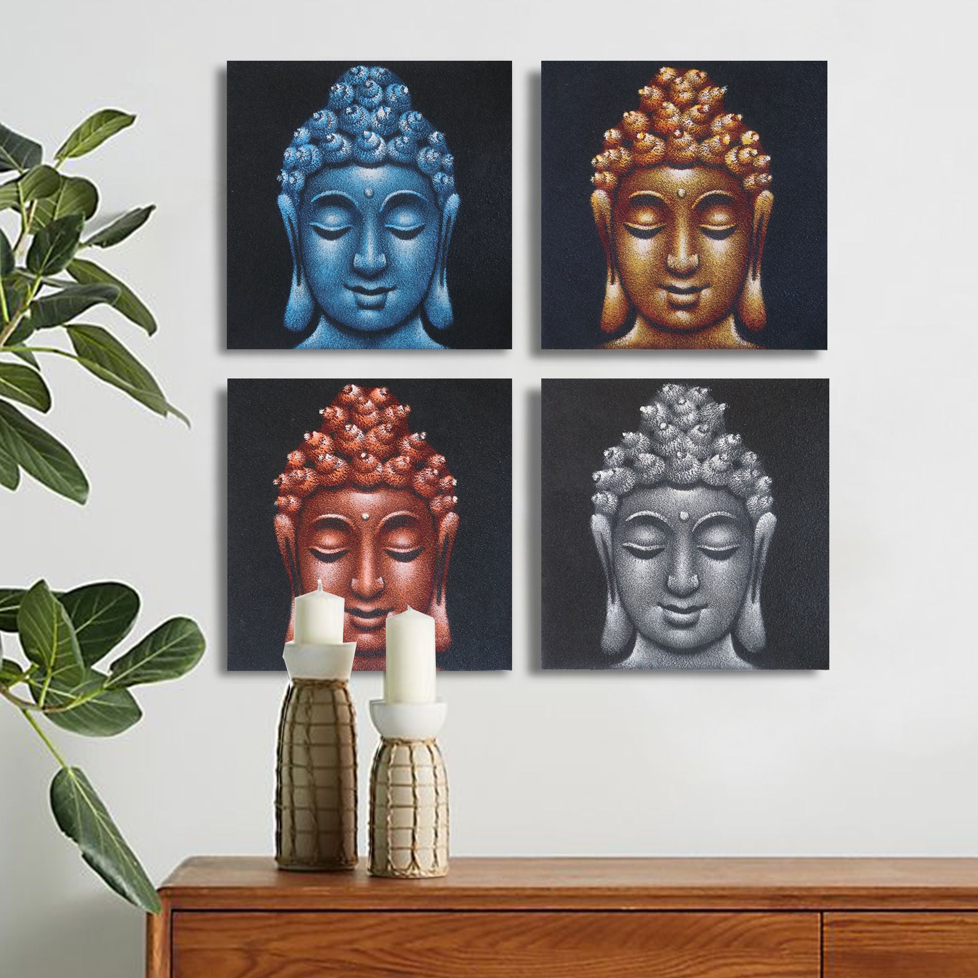 Set of 4 Buddha Head Prints – Sand Detail 40×40 cm | Textured Calm