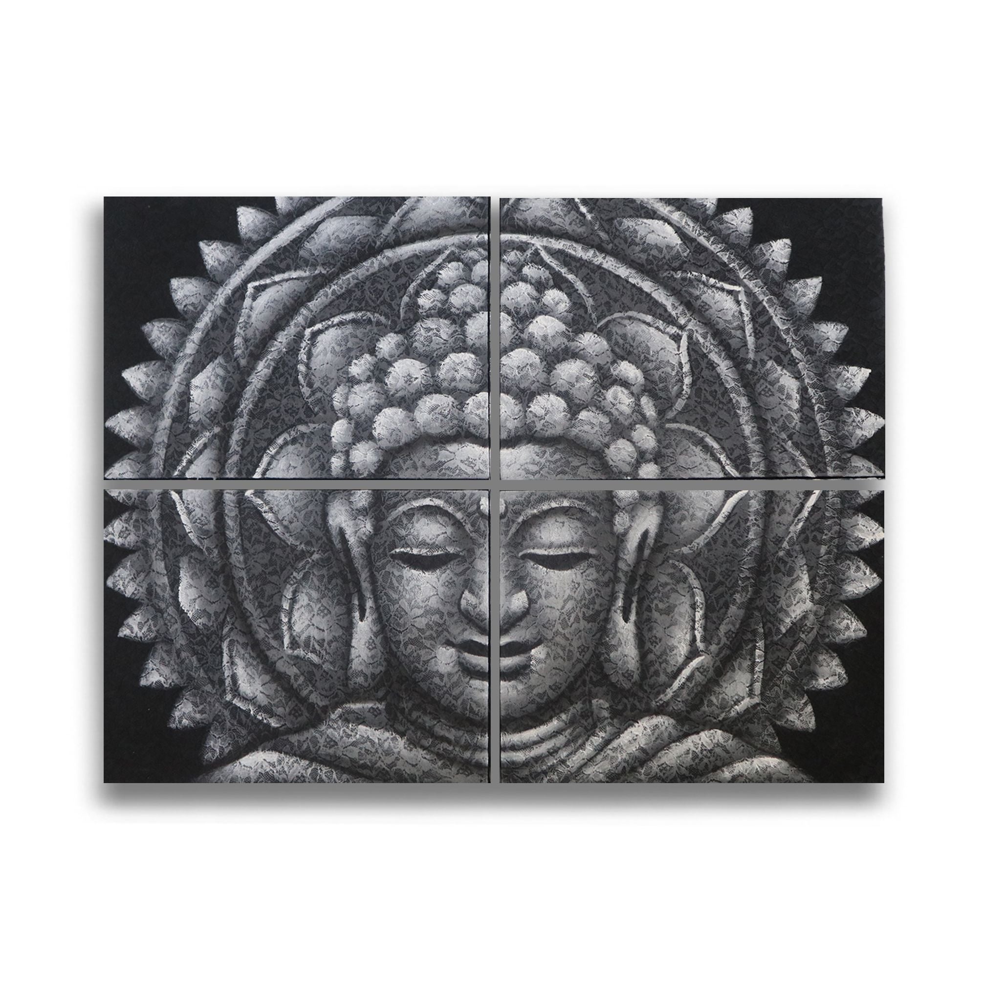 Set of 4 Buddha Mandala Prints – Grey 30×40 cm | Serene Wall Set