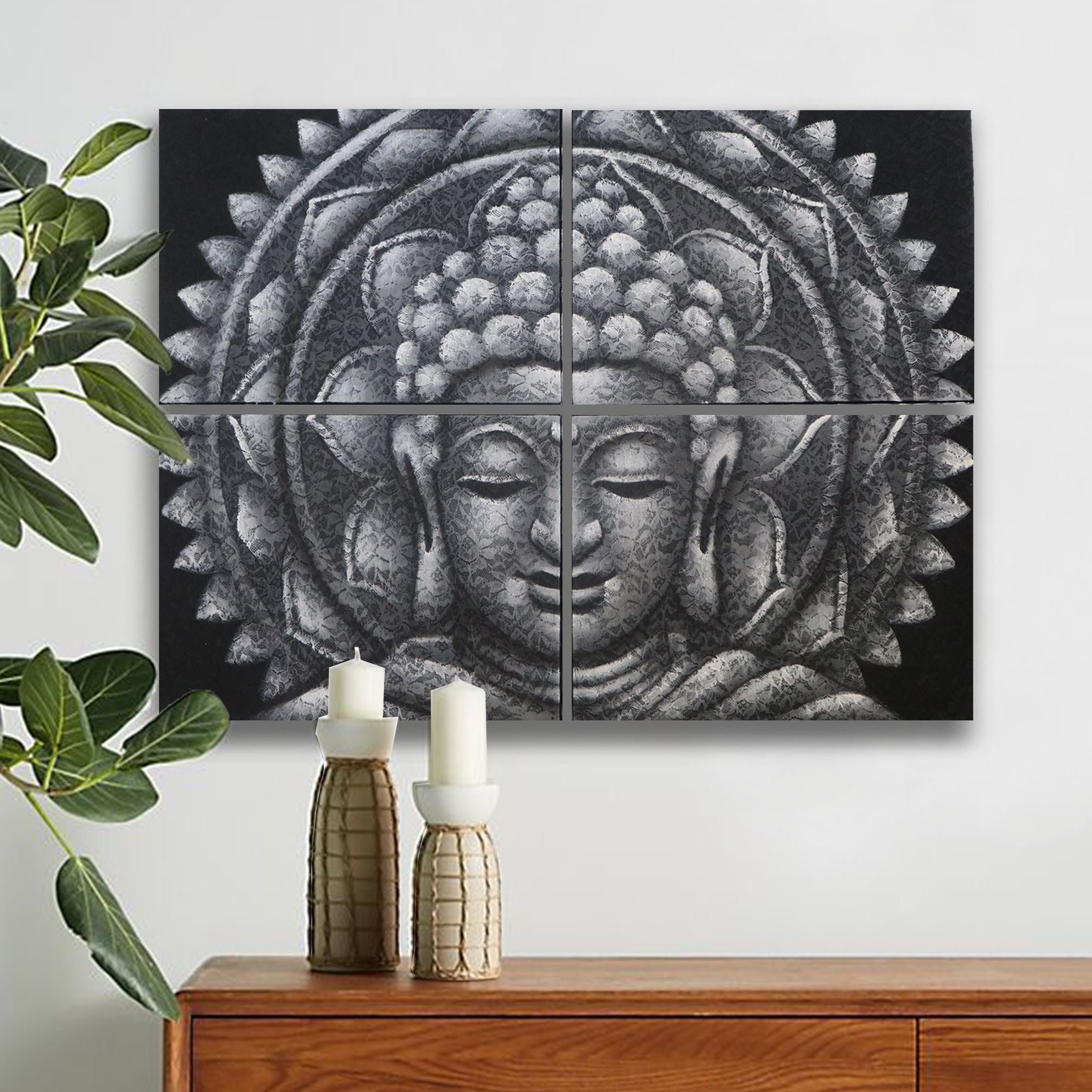 Set of 4 Buddha Mandala Prints – Grey 30×40 cm | Serene Wall Set