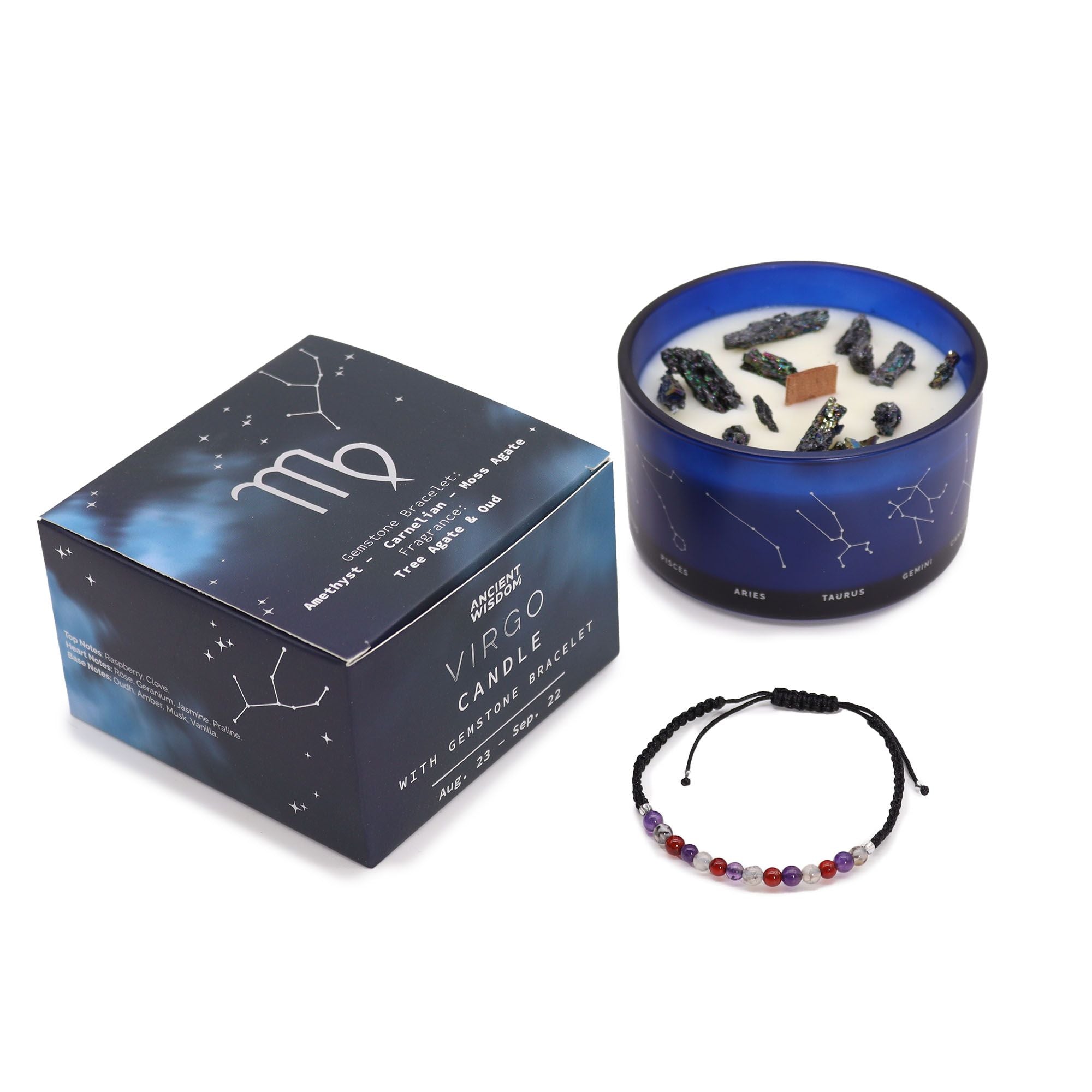 Virgo Zodiac Crystal Candle + Gemstone Bracelet | Birthstone Gift