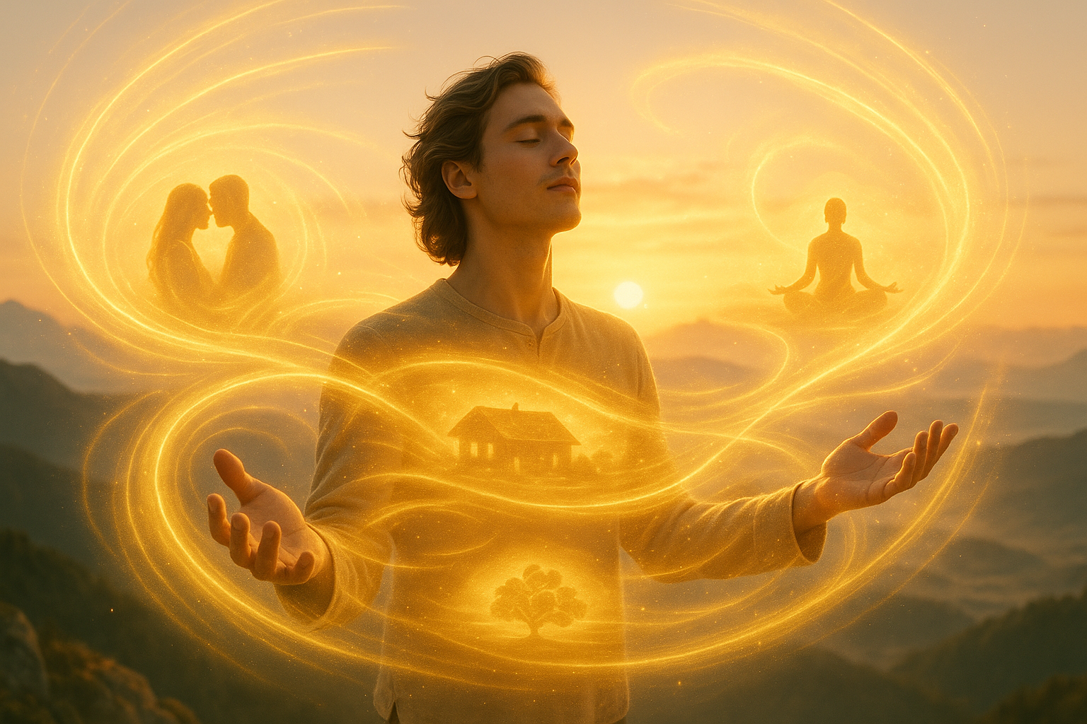 What Is the Law of Attraction? person standing at sunrise on a mountain peak, eyes closed, hands open to the light, surrounded by golden energy waves symbolizing positive thoughts manifesting into reality.
