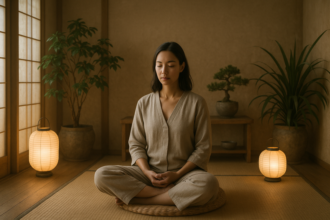Can You Meditate With Your Eyes Open- A quiet Zen-inspired room with natural textures, plants, and gentle lantern light.