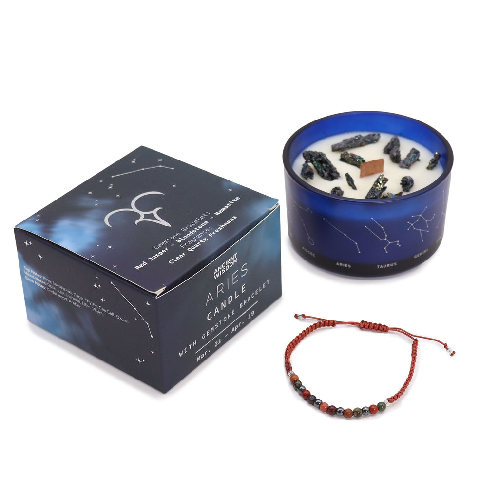Aries Zodiac Crystal Candle + Gemstone Bracelet | Birthstone Gift