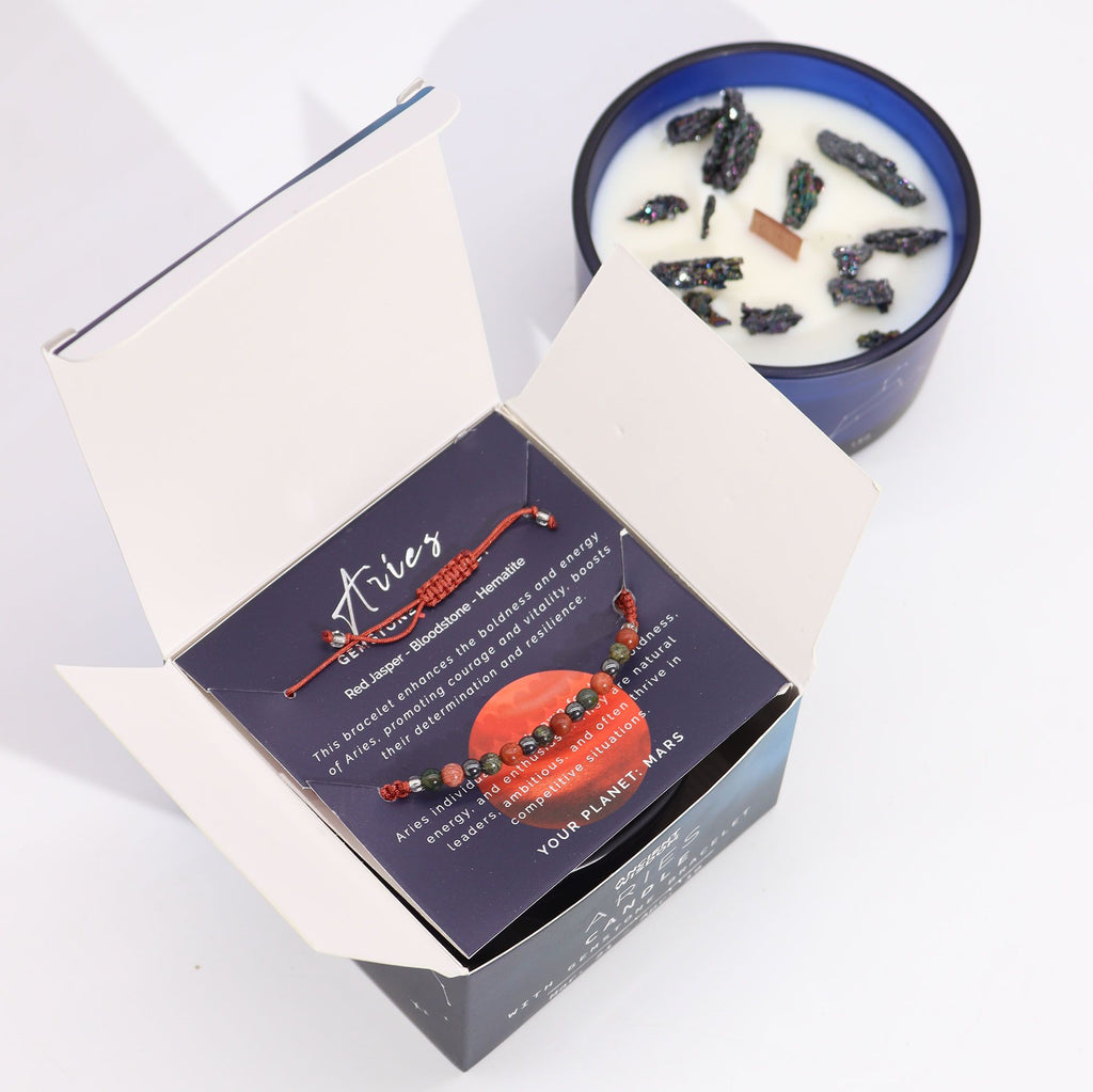 Aries Zodiac Crystal Candle + Gemstone Bracelet | Birthstone Gift